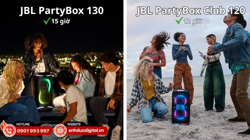 PartyBox 130 cho thời gian phát 15 giờ, pin tháo rời và sạc nhanh, nhỉnh hơn Club 120 với 12 giờ sử dụng