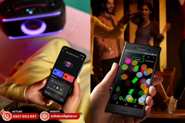 JBL PartyBox On-The-Go 2 điều khiển nhạc, ánh sáng qua PartyBox; Sony SRS-XV500 quản lý loa, playlist, ánh sáng qua Music Center & Fiestable