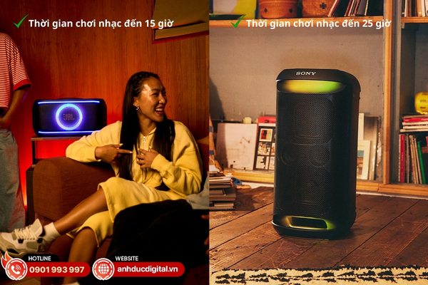 JBL PartyBox On-The-Go 2 pin 15 giờ, sạc nhanh 10 phút còn Sony SRS-XV500 pin 25 giờ, sạc nhanh 10 phút