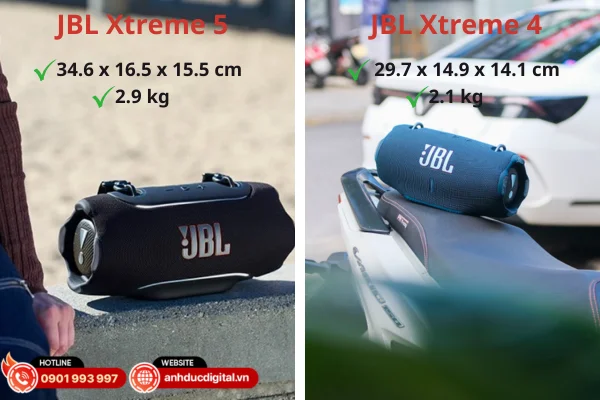 Kích thước và trọng lượng của JBL Xtreme 5 và JBL Xtreme 4 cho thấy Xtreme 5 lớn và nặng hơn, trong khi Xtreme 4 gọn nhẹ, dễ mang theo hơn
