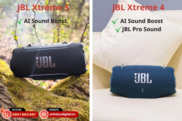 JBL Xtreme 5 và JBL Xtreme 4 đều tích hợp AI Sound Boost tối ưu chất âm mạnh mẽ, hạn chế méo tiếng