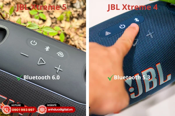 Bluetooth của JBL Xtreme 5 (6.0) ổn định và tối ưu hơn, trong khi JBL Xtreme 4 (5.3) vẫn đảm bảo kết nối mượt và chất lượng âm thanh tốt