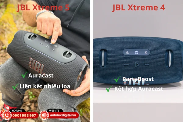 JBL Xtreme 4 hỗ trợ PartyBoost và Auracast, còn JBL Xtreme 5 dùng Auracast mới cho kết nối ổn định và mở rộng tốt hơn