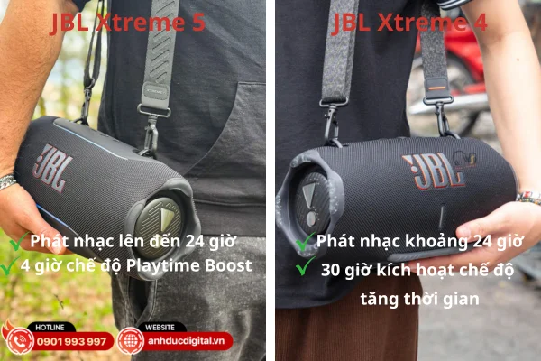 JBL Xtreme 5 cho thời gian sử dụng tối đa 28 giờ, trong khi JBL Xtreme 4 có thể đạt đến 30 giờ với chế độ Playtime Boost