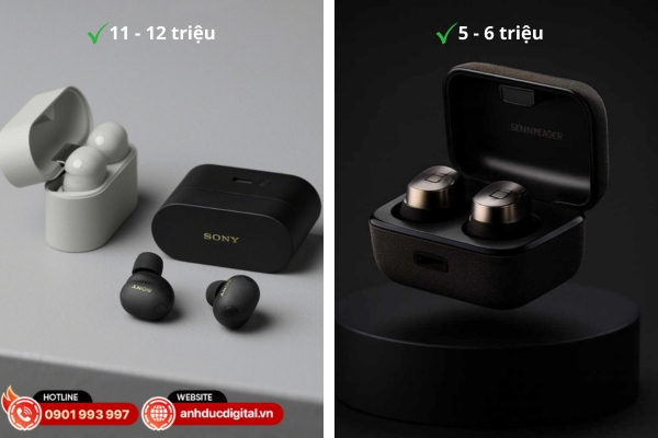 Sony WF-1000XM6 có giá khoảng 11–12 triệu với ANC và công nghệ cao cấp, trong khi Sennheiser Momentum True Wireless 4 khoảng 5–6 triệu, tập trung vào chất âm trung thực và codec tiên tiến