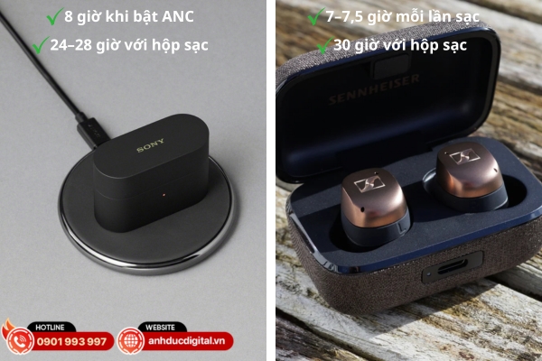 Sony WF-1000XM6 cho 8 giờ nghe với ANC và ~24–28 h tổng pin, trong khi Sennheiser Momentum True Wireless 4 đạt 7–7,5 giờ và 30 giờ tổng cùng hộp sạc