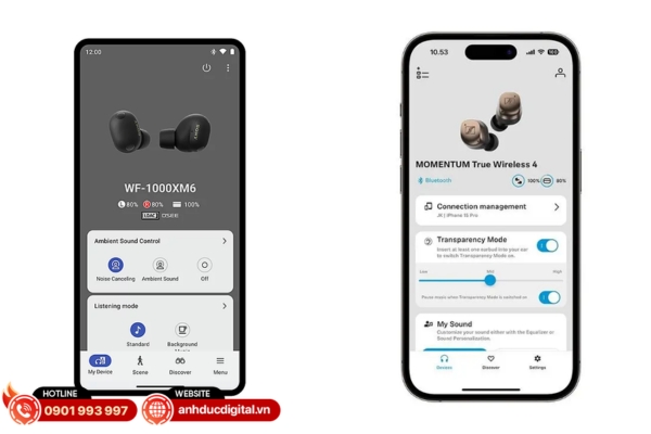 Sony WF-1000XM6 có app Sony Sound Connect với nhiều tính năng thông minh, còn Sennheiser Momentum True Wireless 4 dùng Smart Control cho tùy chỉnh âm thanh cá nhân sâu sắc