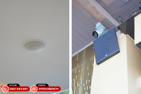 Kết hợp loa âm trần và loa treo tường giúp phủ âm đồng đều, tăng độ rõ và giữ trọn tính thẩm mỹ không gian