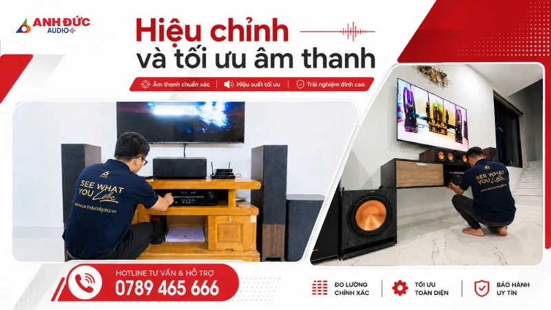 Kỹ thuật viên Anh Đức Audio hiệu chỉnh hệ thống âm thanh thực tế