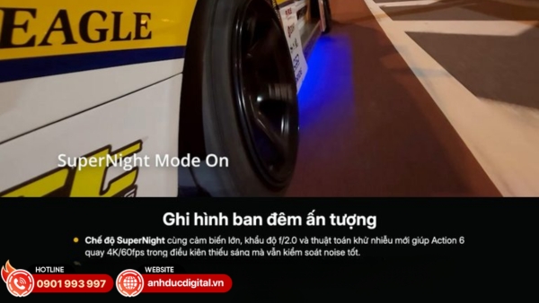 Chế độ SuperNight giúp DJI Osmo Action 6 quay thiếu sáng rõ nét, giảm nhiễu và tái tạo màu sắc tốt hơn trong đêm