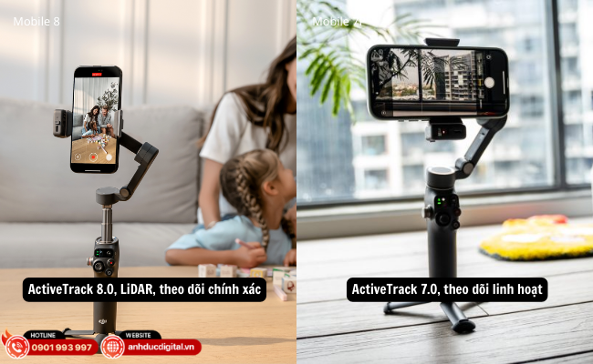 Cải tiến vượt trội với ActiveTrack 8.0 và LiDAR trên Mobile 8, trong khi Mobile 7P vẫn đáp ứng tốt với ActiveTrack 7.0