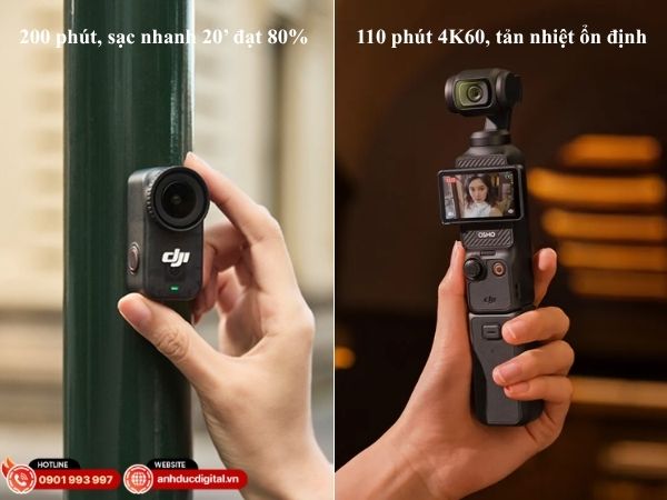Thời lượng pin và khả năng tản nhiệt giữa DJI Osmo Nano và DJI Pocket 3 có sự khác biệt rõ rệt