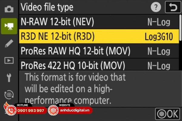Cảnh báo của Nikon ZR nếu người dùng chọn định dạng RAW R3D