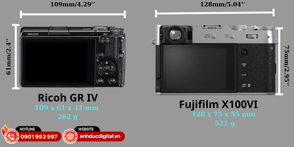 Ricoh GR IV có kích thước gọn nhẹ hơn Fujifilm X100VI