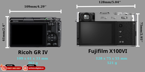 Ricoh GR IV có kích thước gọn nhẹ hơn Fujifilm X100VI