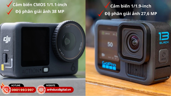 Cảm biến 1/1.1″ của DJI Osmo Action 6 (38 MP) so với cảm biến 1/1.9″ của GoPro Hero 13 Black (27,6 MP) cho độ sắc nét và khả năng thu sáng khác biệt