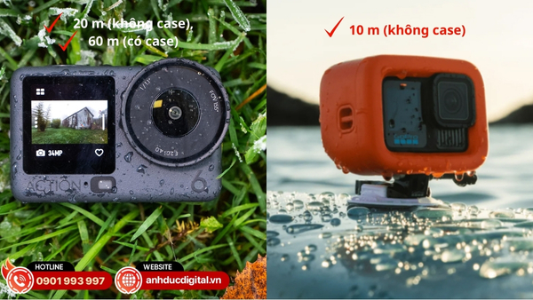 “DJI Osmo Action 6 chống nước 20 m (60 m với case) và GoPro Hero 13 chống nước 10 m, cả hai đều bền bỉ cho các hoạt động ngoài trời