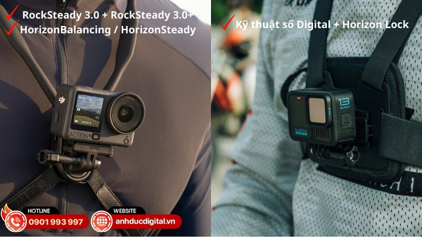 DJI Osmo Action 6 với RockSteady 3.0 và GoPro Hero 13 với Horizon Lock mang đến khả năng chống rung mượt và ổn định vượt trội