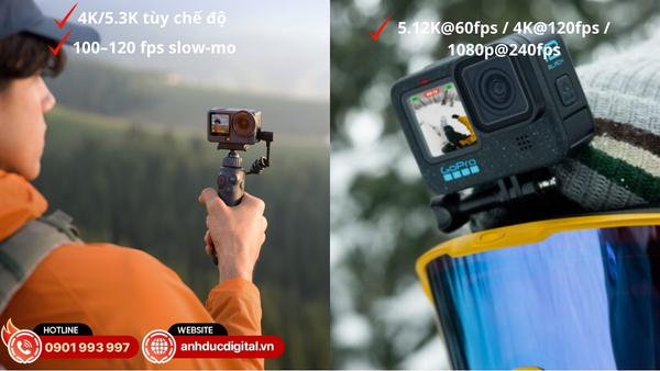 DJI Osmo Action 6 và GoPro Hero 13 đều hỗ trợ quay 4K 120fps, cho chất lượng video sắc nét và chuyển động siêu mượt.