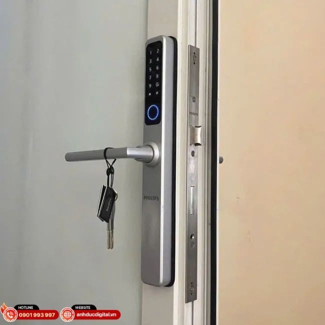 Thiết kế thân mỏng ~32mm, phù hợp cửa nhôm kính và cửa khung hẹp trong không gian hiện đại.