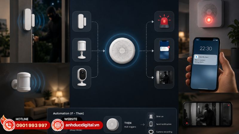Kịch bản an ninh Aqara kết hợp cảm biến, Hub và Aqara Home để phát hiện bất thường, kích hoạt cảnh báo và gửi thông báo tự động