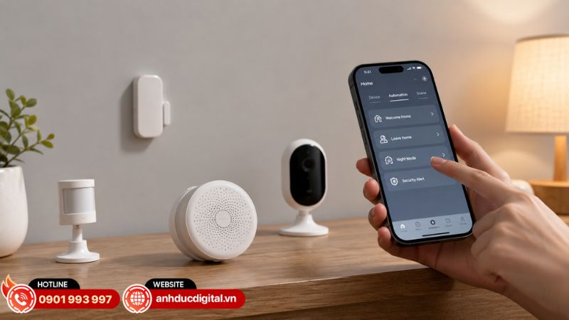 Aqara Home cho phép thiết lập các chế độ Home, Away và Night để điều chỉnh mức độ bảo vệ theo từng trạng thái của ngôi nhà